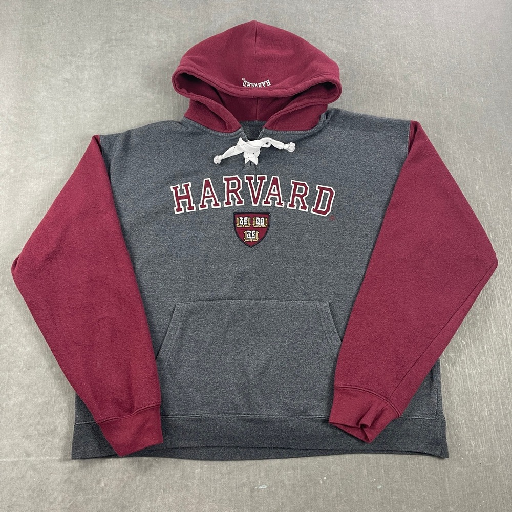Harvard Licensed Gear Mens XL‎ Grey Maroon Hoodie Lace Up Hockey Sweatshirt